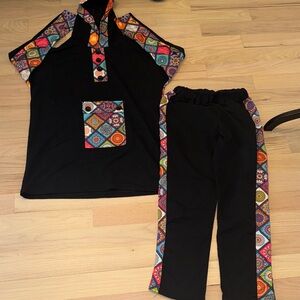 Colorful Patterned Black Top and Pants Set
